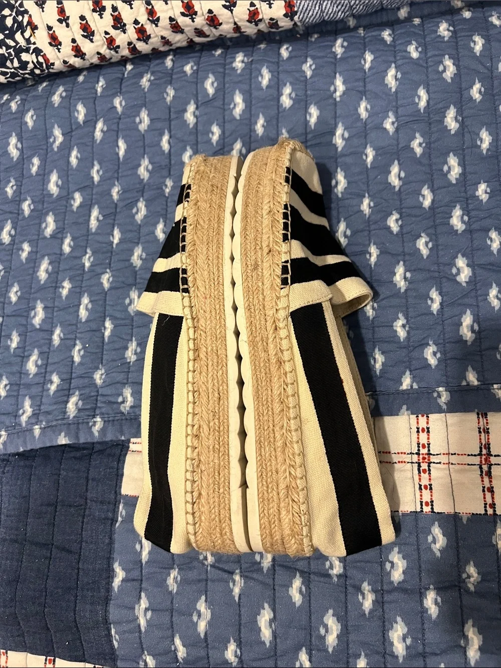 Nine West Black and Cream Striped Espadrille Flats